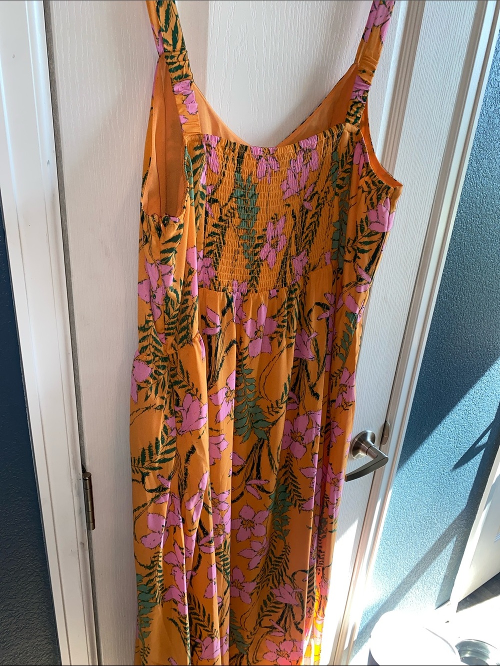 Gibson Latimer Orange Dress with Pink Floral & Green Leaf Print - Picture 4 of 5